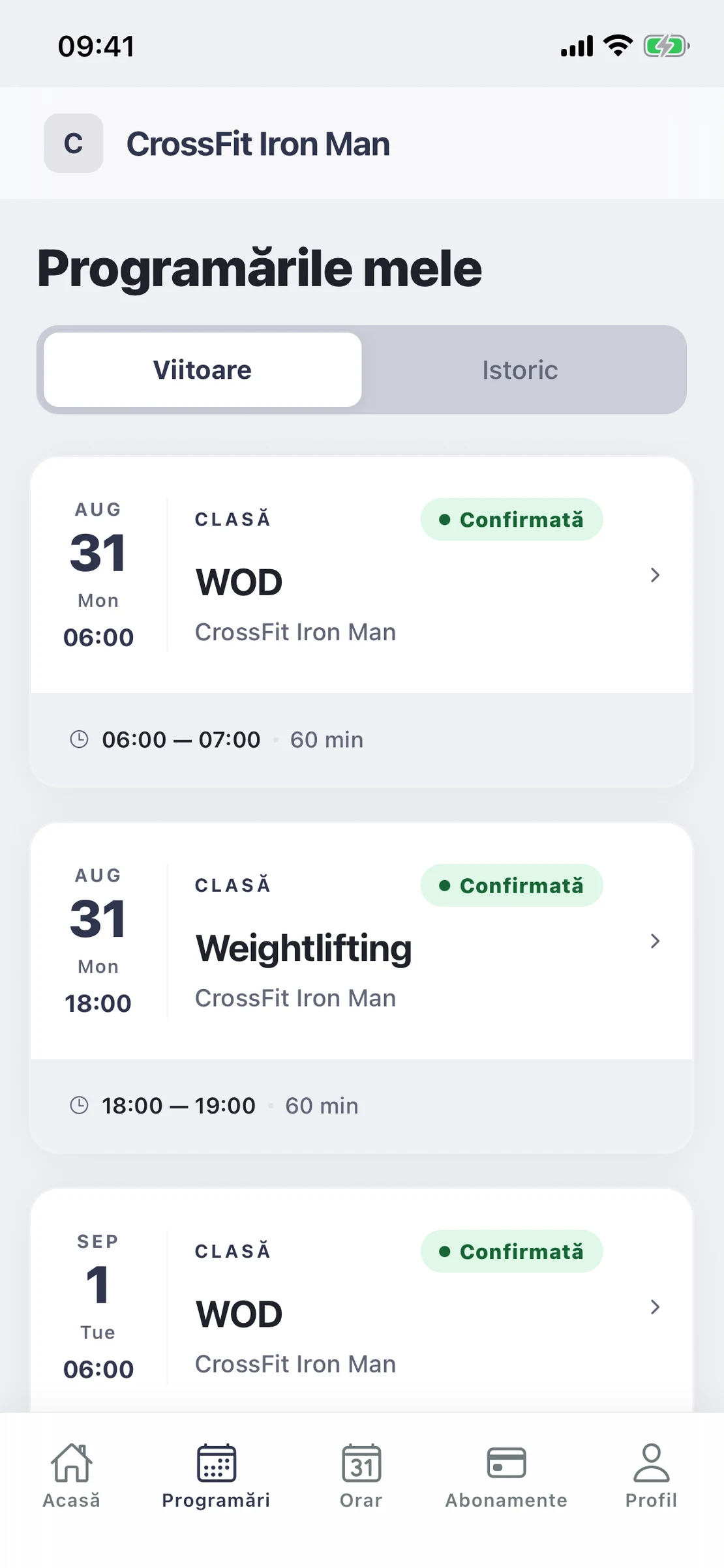 Ecranul „Programările mele” afișează mai multe antrenamente confirmate, inclusiv WOD la 06:00 și Weightlifting la 18:00.